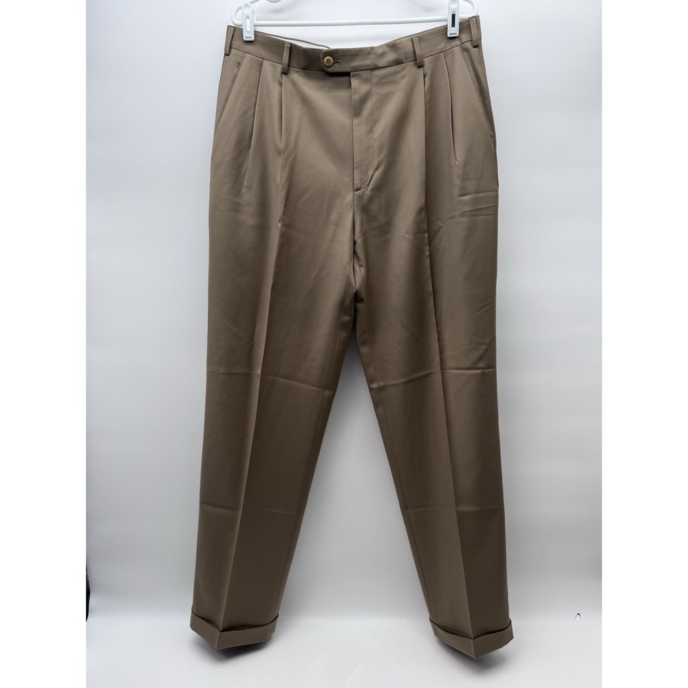 Zanella Bennett Pants Men 34x32 Wool Brown Pleated Cuffed Trousers Made in Italy